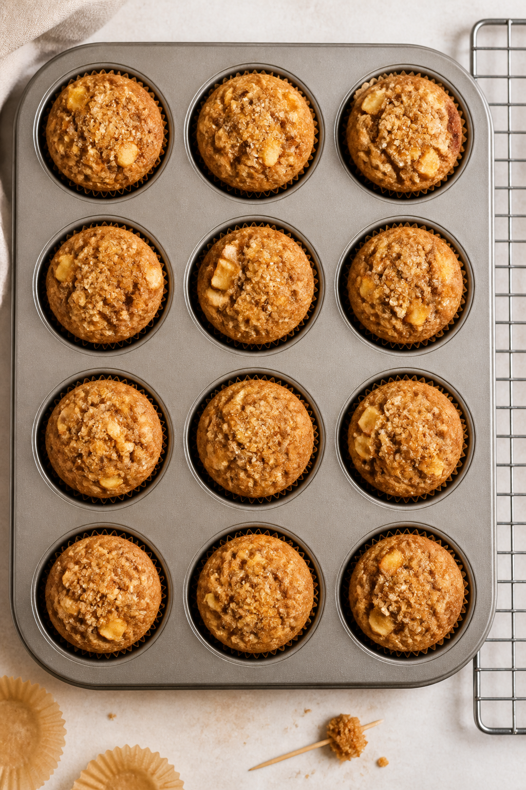 Cooking process: Overhead shot of a 12-cup muffin pan fresh from the oven with evenly risen cinnamon