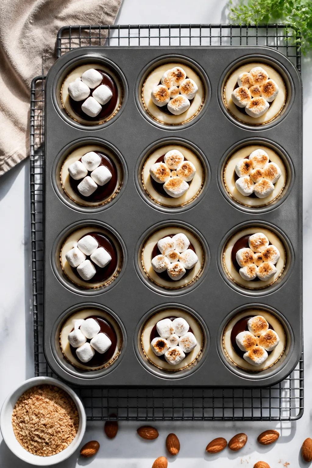 Cooking process: Overhead shot of a 12-cup muffin tin on a wire rack, each cup filled 3/4 with smoot
