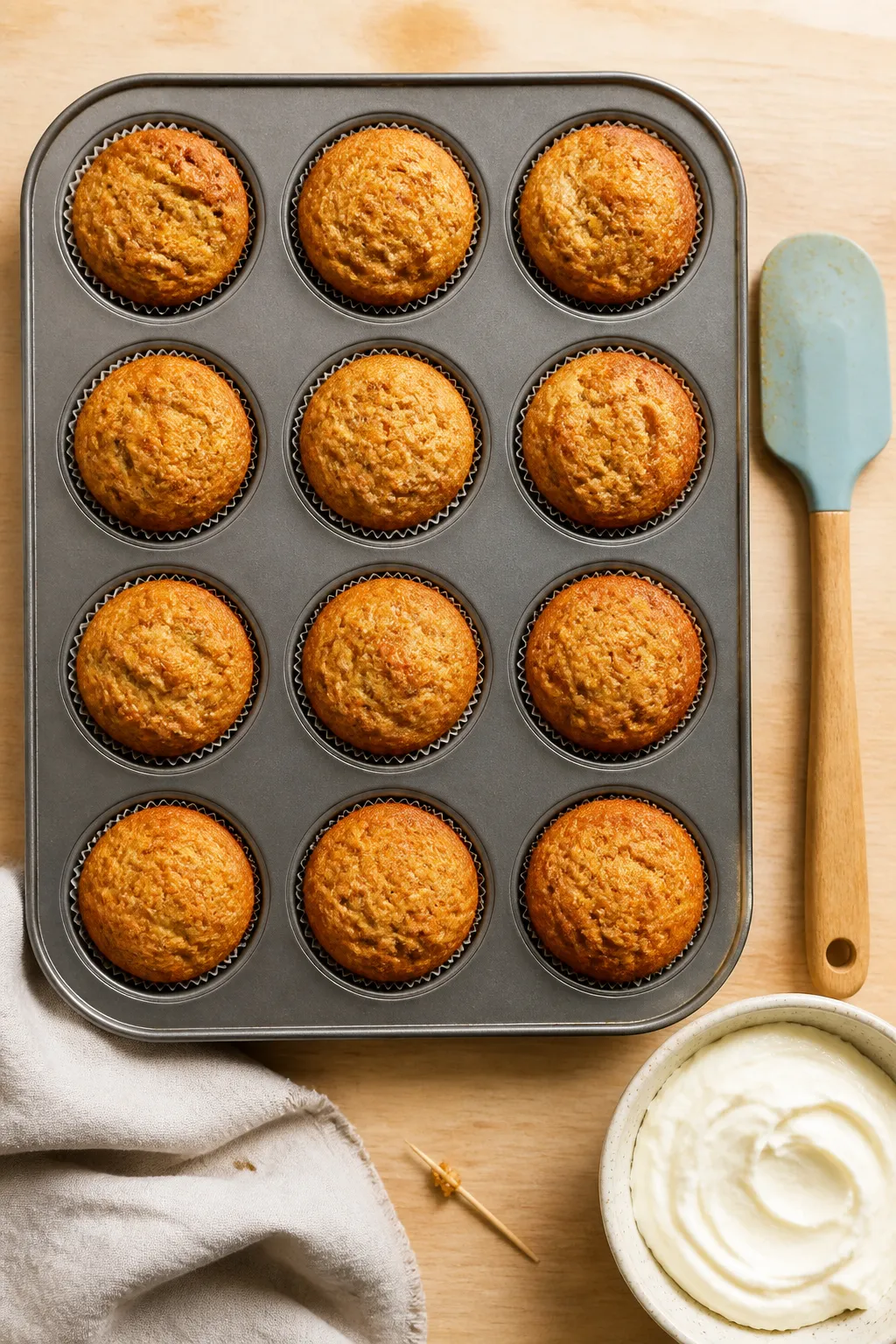 Cooking process: Overhead shot of a 12-cup muffin tin just out of the oven, golden-brown protein muf