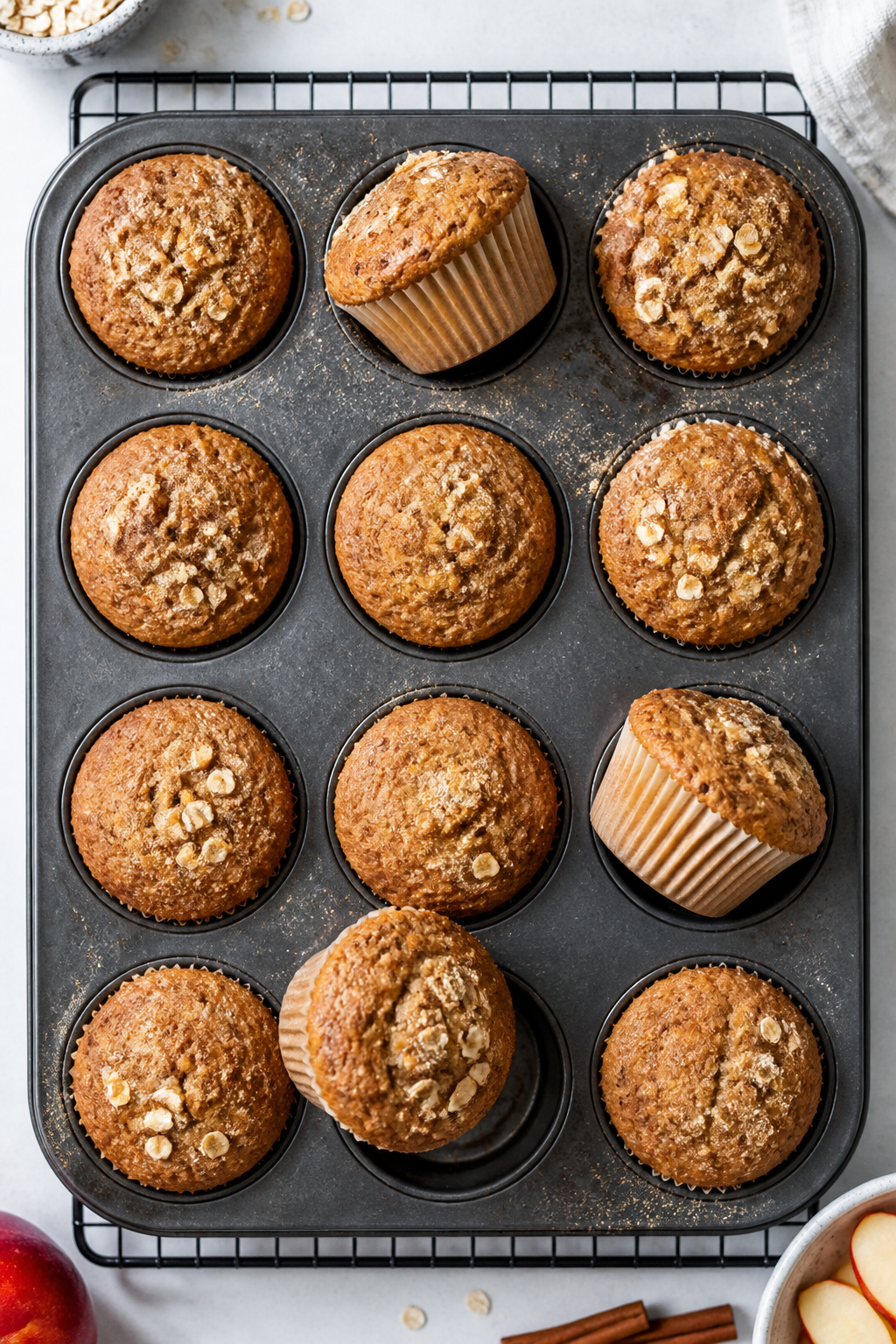 Cooking process: Overhead shot of a 12-cup muffin tin just out of the oven with evenly domed Apple C