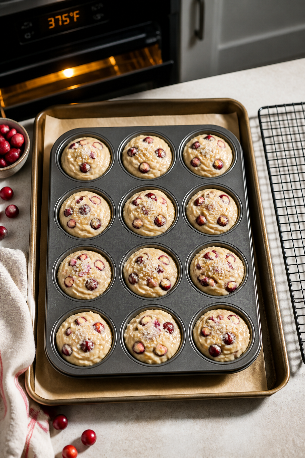 Cooking process: Overhead shot of a 12-cup muffin tin just filled 3/4 full with thick batter swirled