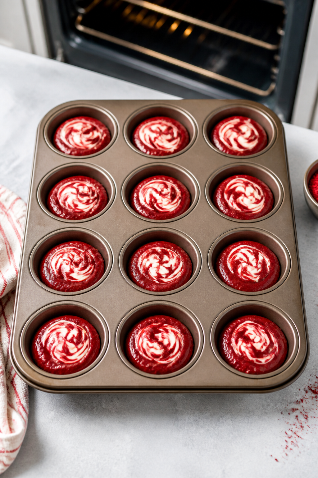 Cooking process: Overhead shot of a 12-cup muffin tin just filled 3/4 full with thick, scoopable red