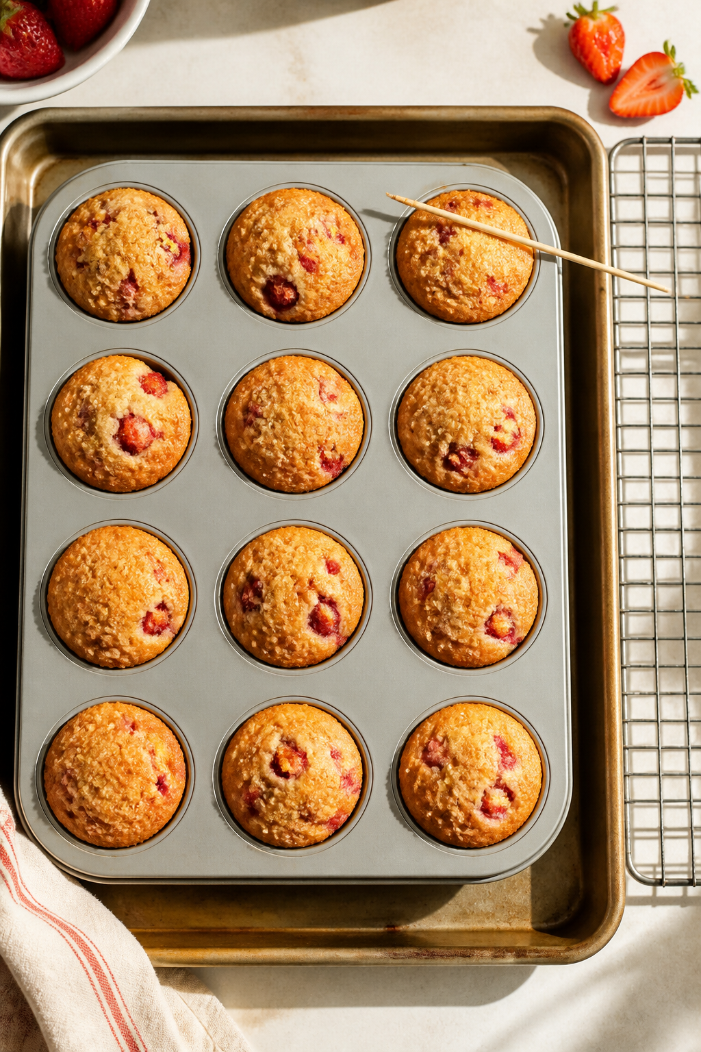 Cooking process: Overhead shot of a 12-cup muffin tin just out of the oven, evenly risen strawberry 