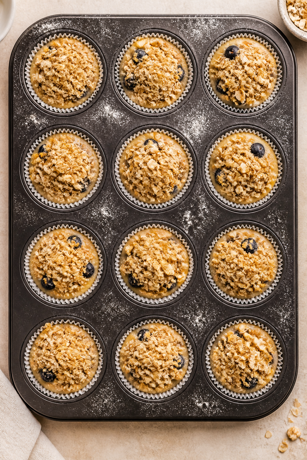 Cooking process: Overhead shot of a 12-cup muffin tin just filled and ready for the oven—thick, sc