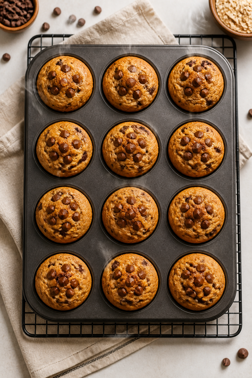 Cooking process: Overhead shot of a 12-cup muffin tin fresh out of the oven with evenly risen, golde