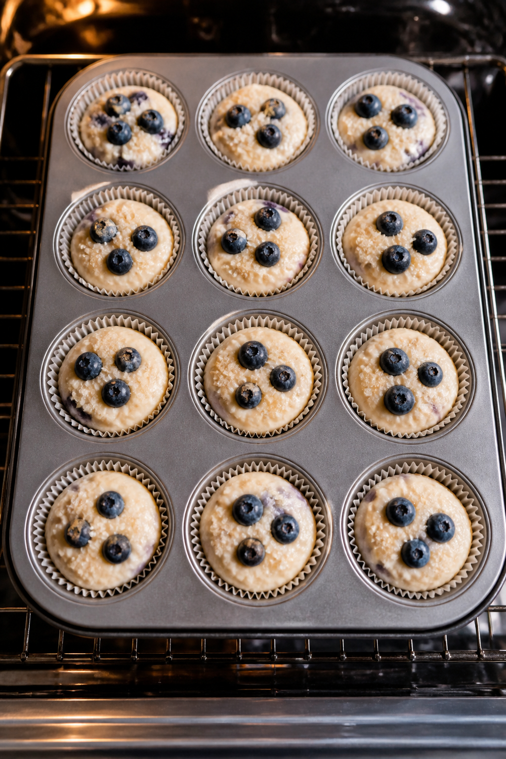 Cooking process: Overhead shot of a 12-cup muffin pan just filled 3/4 full with thick, scoopable bat