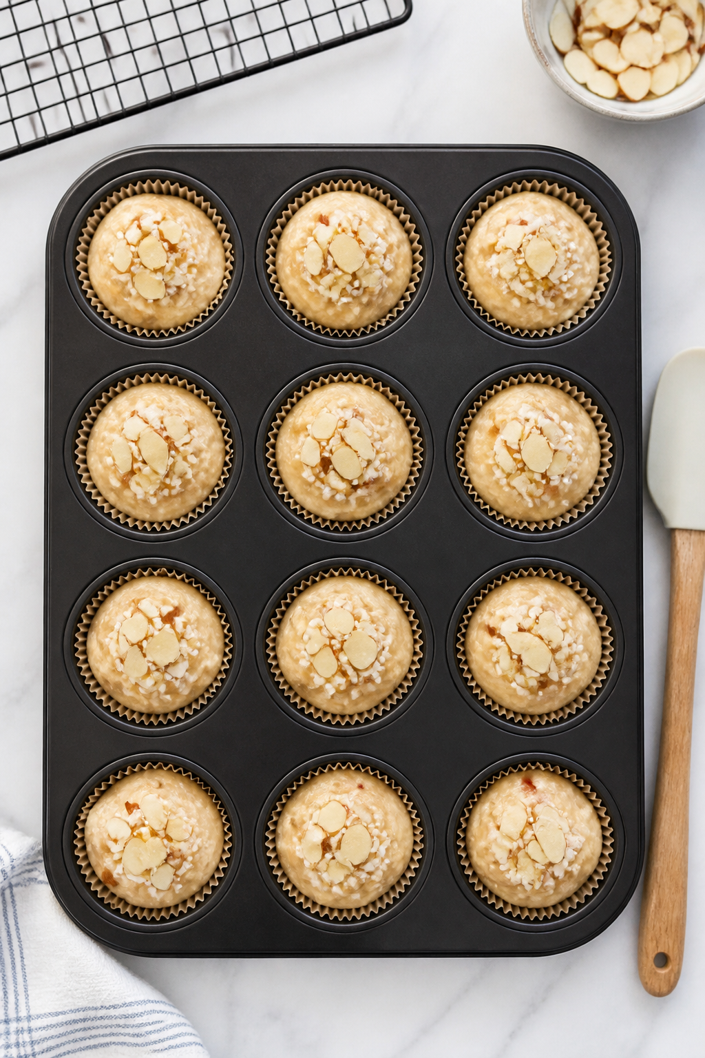 Cooking process: Overhead shot of a lined 12-cup muffin tin just filled 3/4 full with thick, scoopab