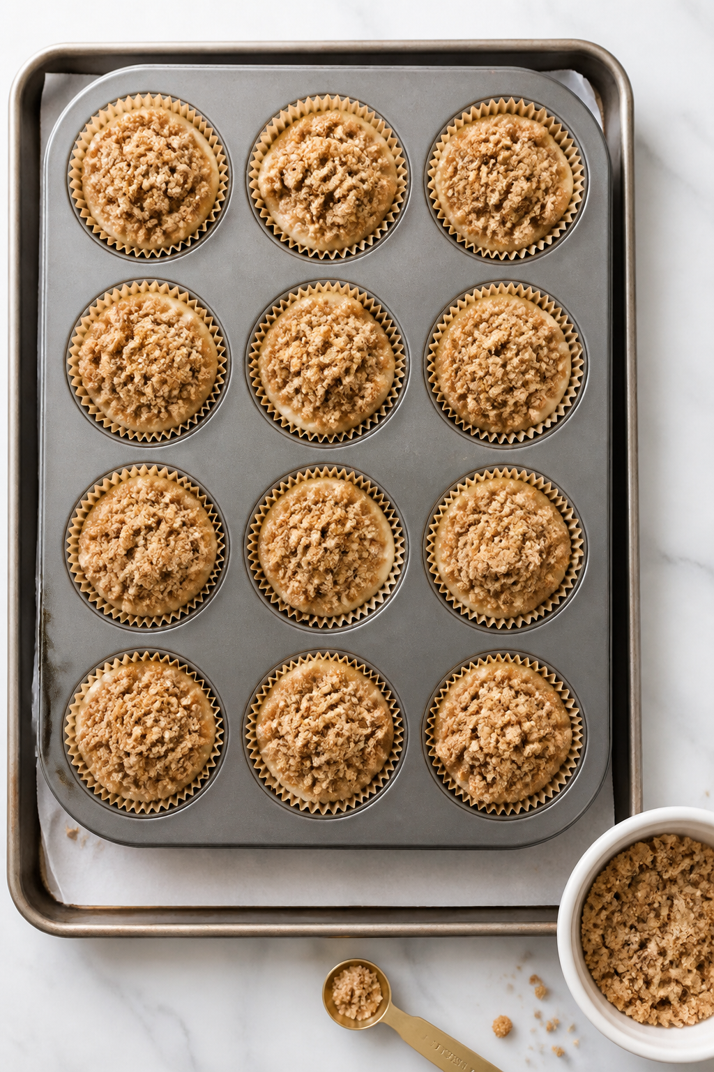 Cooking process: Overhead shot of a lined 12-cup muffin pan on a clean baking sheet, each cup filled