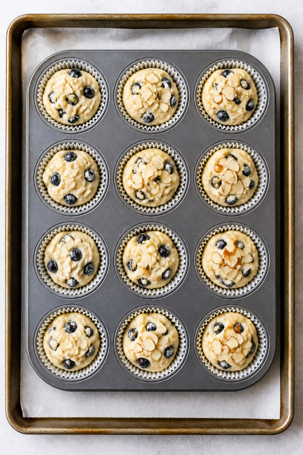 Cooking process: Overhead shot of a lined 12-cup muffin tin filled about 3/4 full with thick, spoona