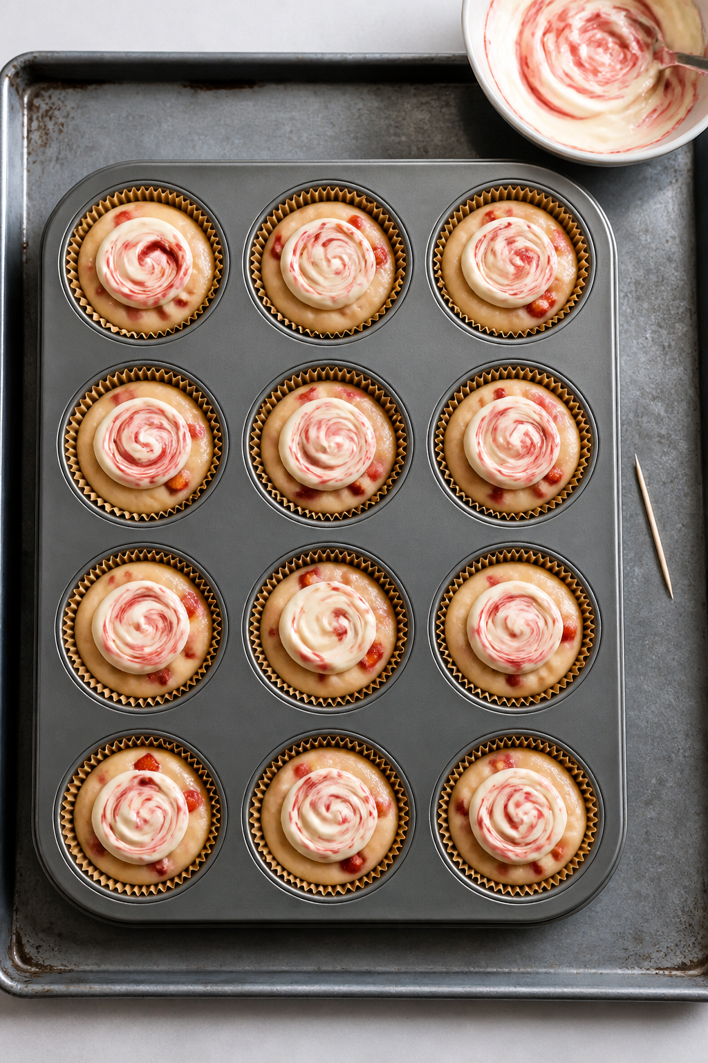Cooking process: Overhead shot of a lined 12-cup muffin tin just filled and ready to bake—each cup