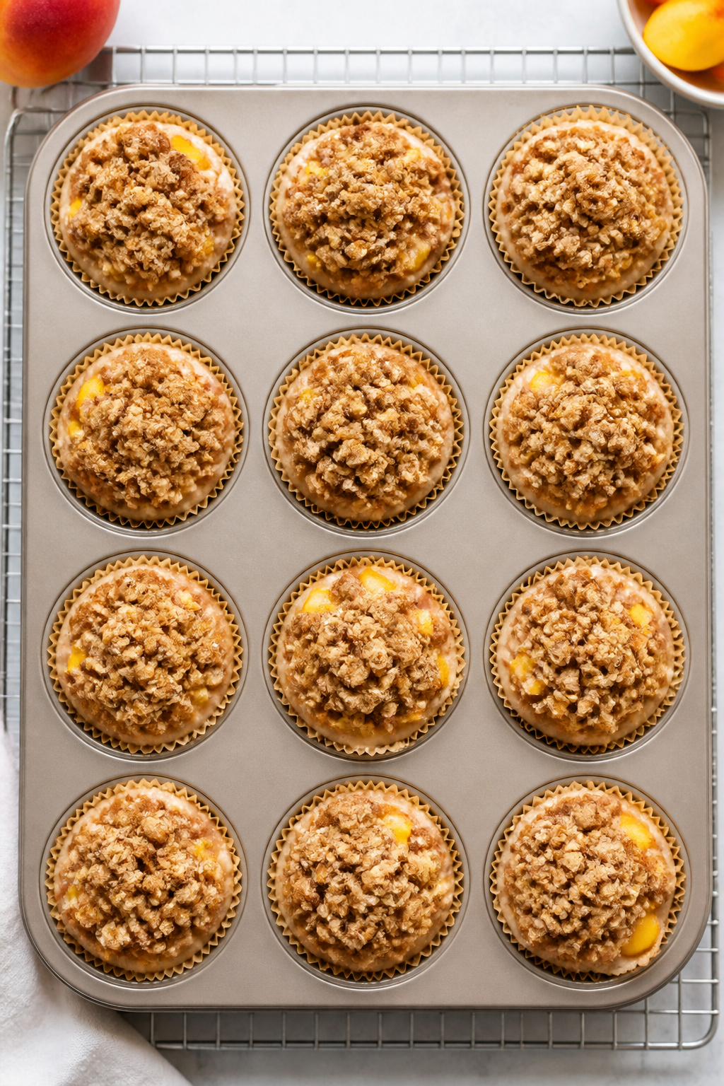 Cooking process: Overhead shot of a lined muffin tin just filled and ready to bake—each cup mounde