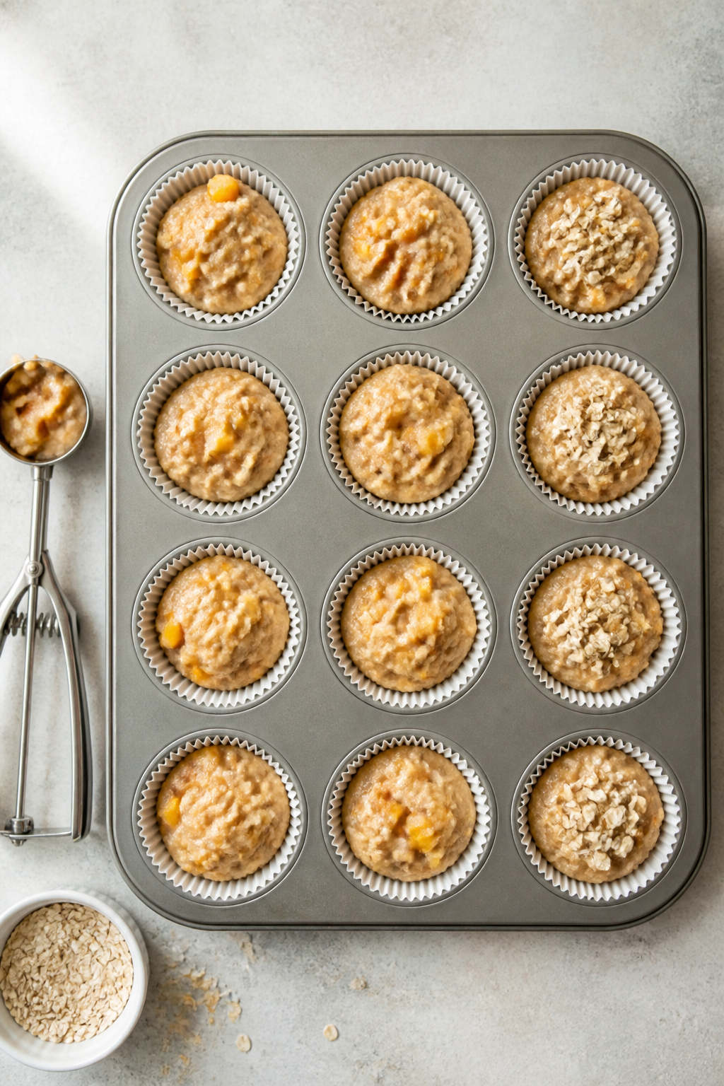 Cooking process: Overhead shot of a lined standard muffin pan just filled 3/4 full with thick, scoop