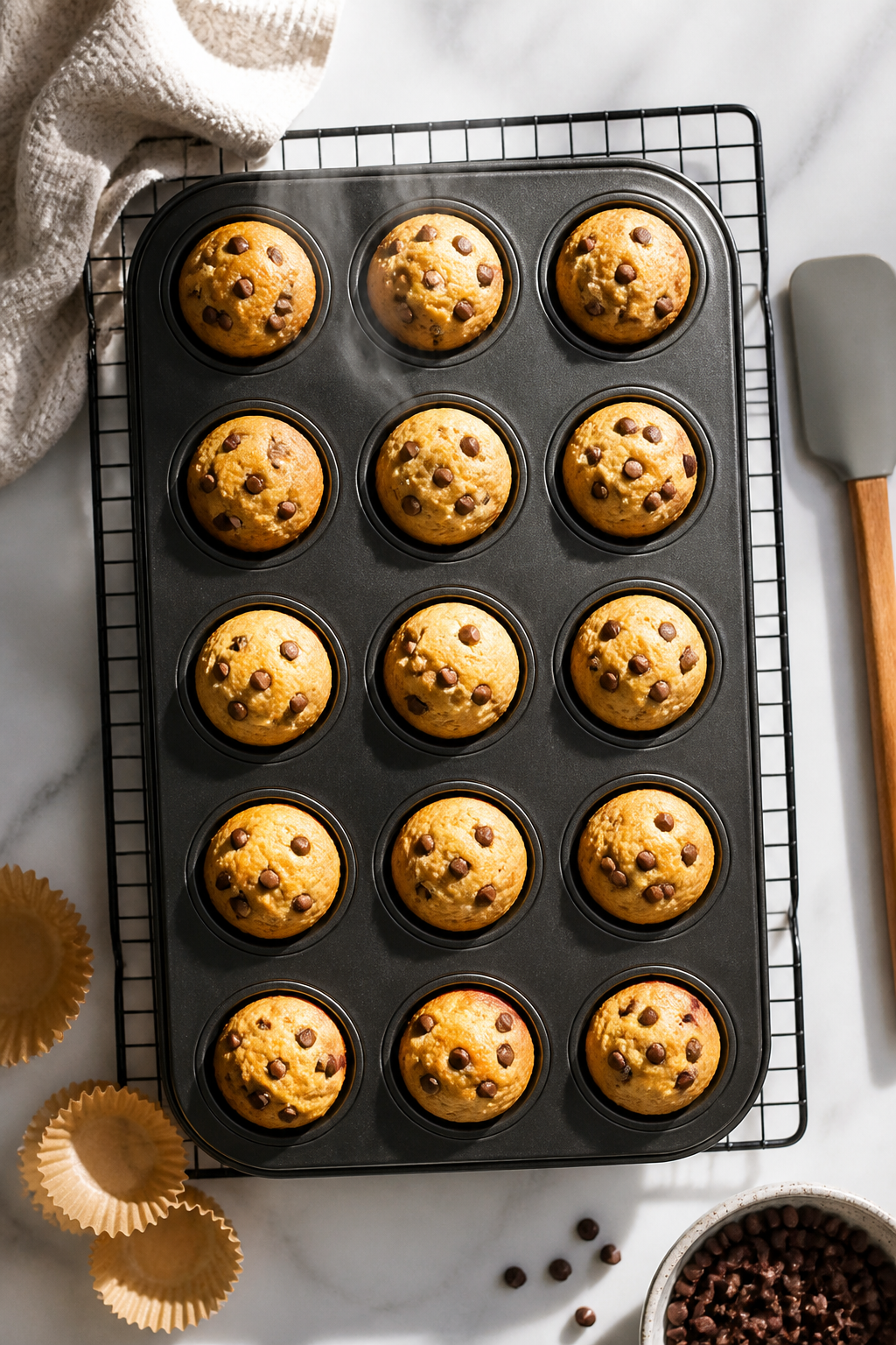 Cooking process: Overhead shot of a mini muffin pan fresh from the oven on a cooling rack, cups 3/4-