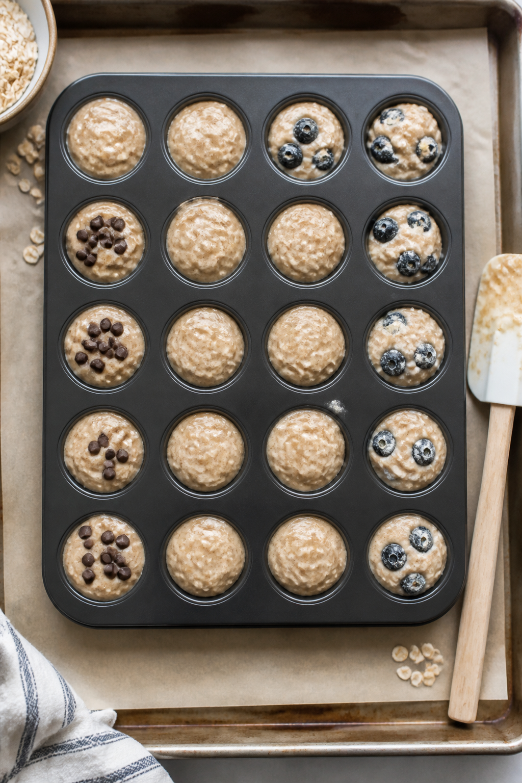 Cooking process: Overhead shot of a mini muffin tin being filled 3/4 full with thick, spoonable batt