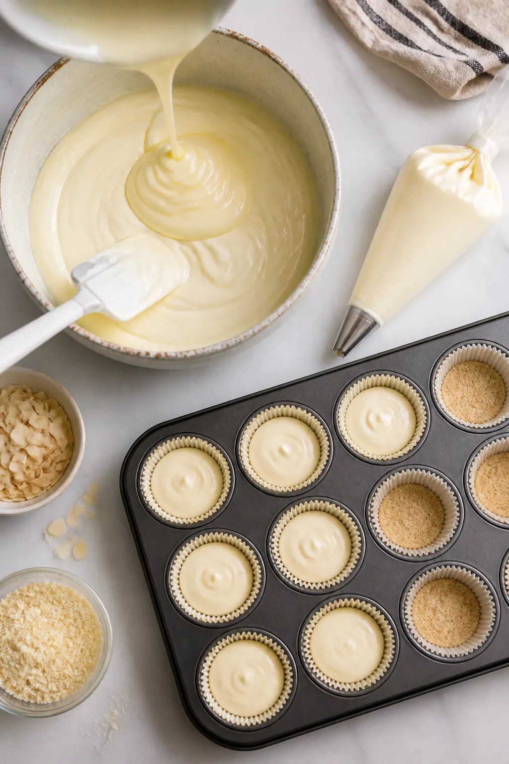 Cooking process: overhead shot of a mixing bowl filled with the finished cheesecake filling right af