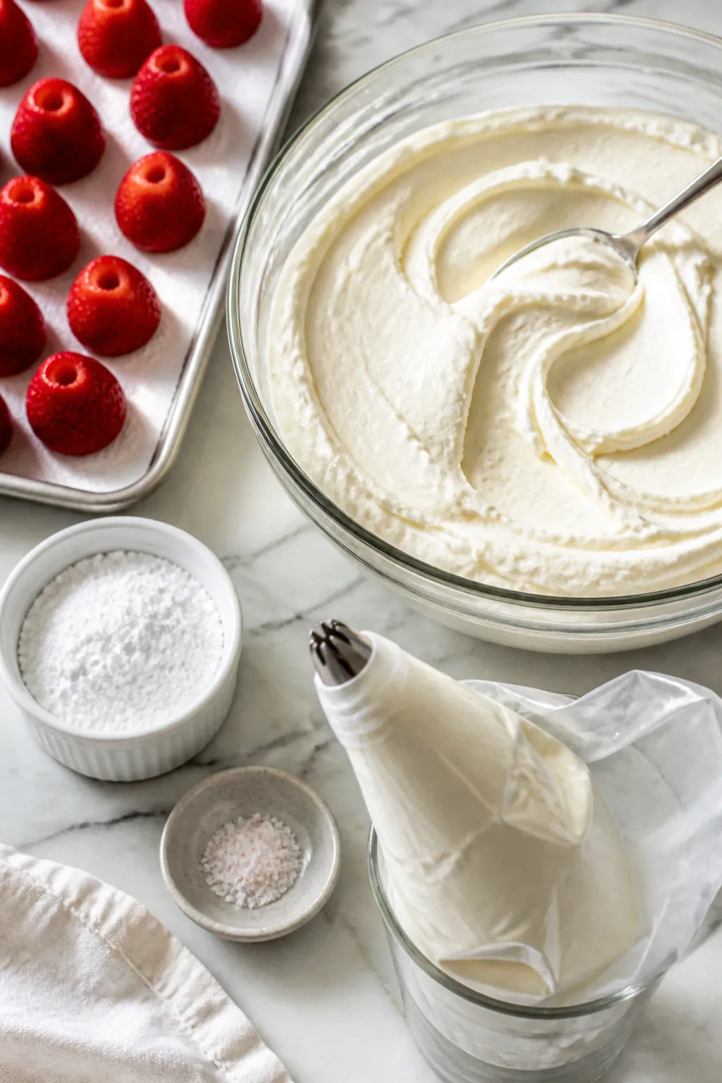 Cooking process: Overhead shot of a mixing bowl with the finished, pipeable cheesecake filling (crea