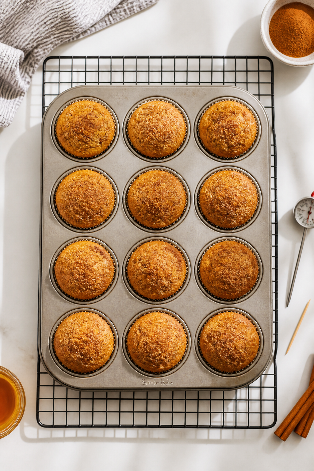 Cooking process: Overhead shot of a muffin tin fresh from the oven on a cooling rack, 12 golden-brow