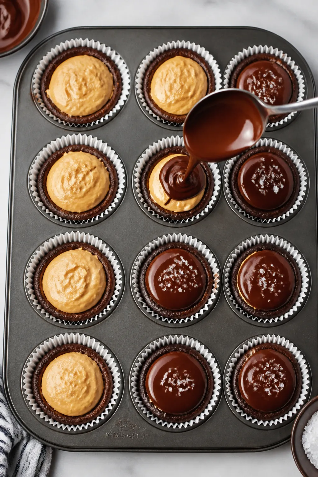 Cooking process: Overhead shot of a muffin tin lined with paper liners showing the assembly stage—