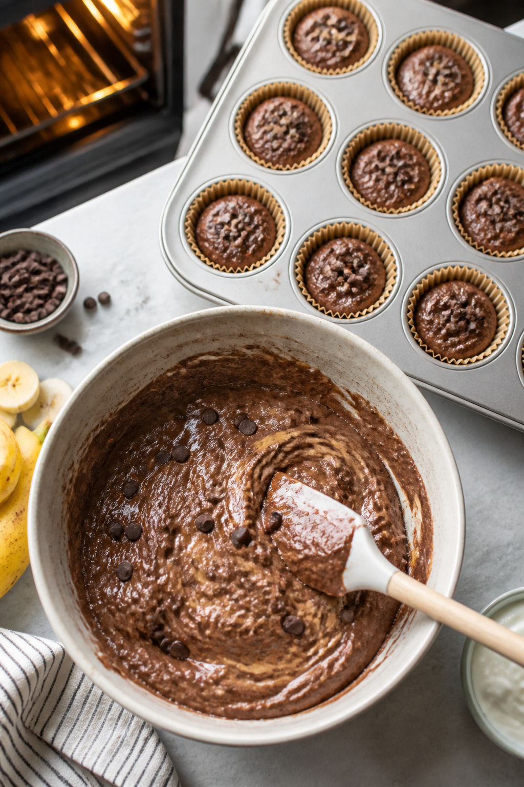 Cooking process: Overhead shot of a one-bowl batter moment—thick chocolate banana muffin batter be