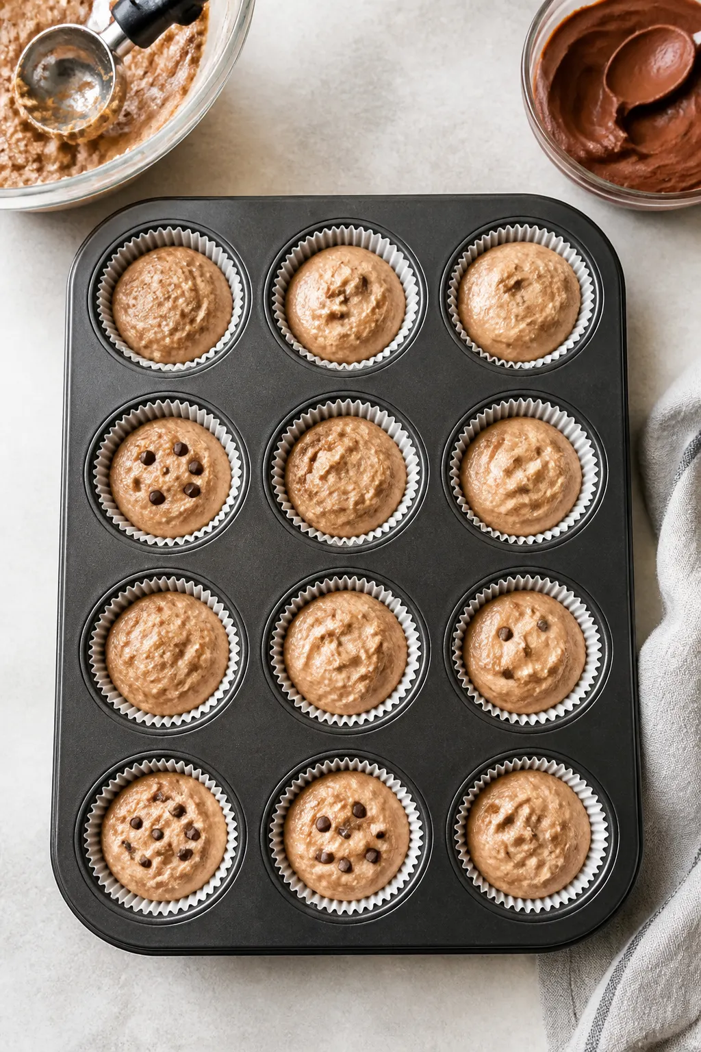 Cooking process: Overhead shot of a thick, scoopable batter being portioned into paper-lined muffin 