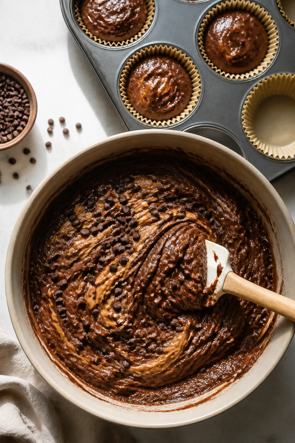 Cooking process: Overhead shot of a thick, scoopable chocolate muffin batter being folded with a spa