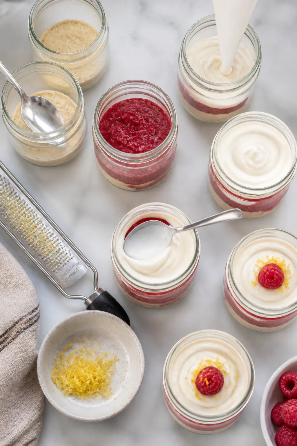 Cooking process: Overhead shot of assembly in progress—small glass jars on a clean marble slab wit