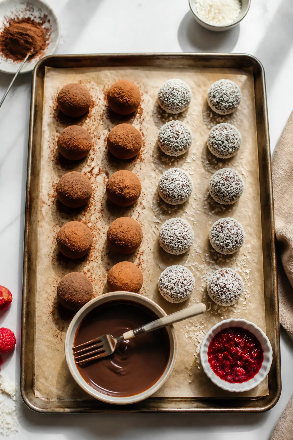 Cooking process: Overhead shot of chilled, rolled truffle balls on a parchment-lined tray mid-prep, 