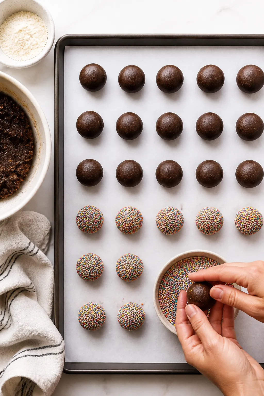Cooking process: Overhead shot of chilled truffle dough portions being hand-scooped and rolled into