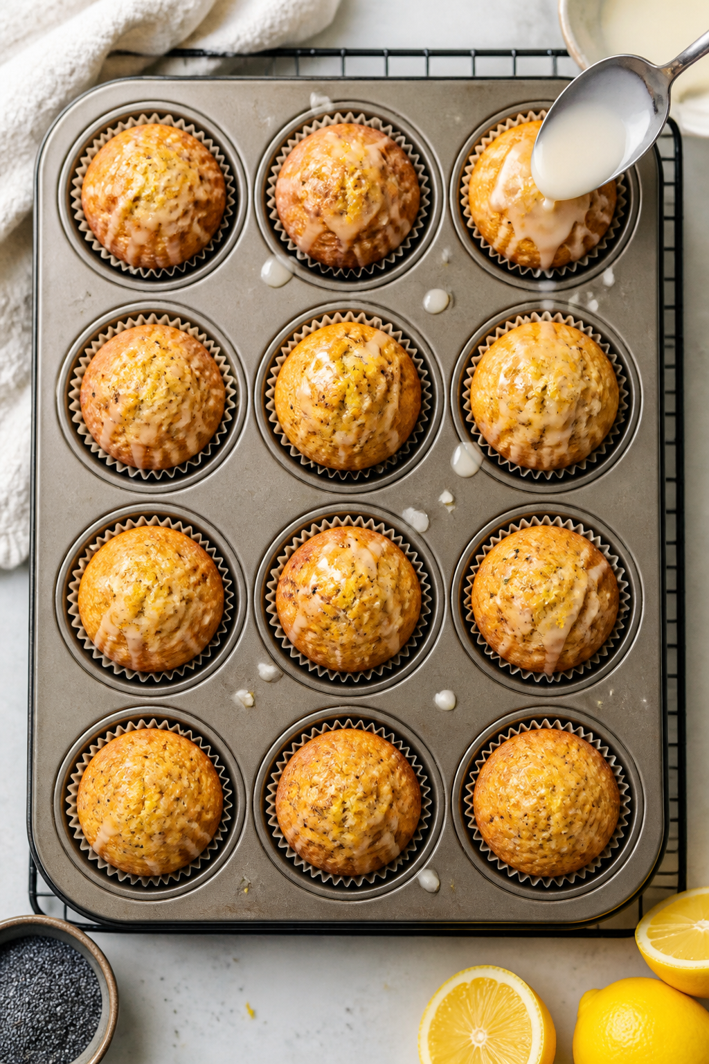 Cooking process: Overhead shot of freshly baked muffins still in a lined 12-cup muffin tin as a spoo