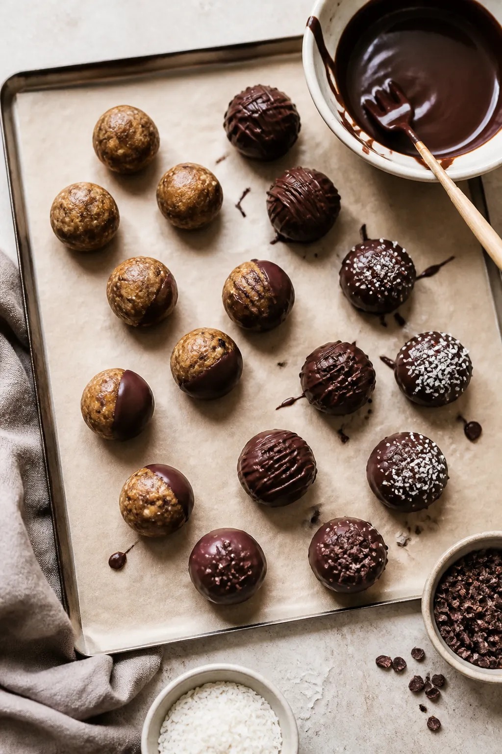 Cooking process: Overhead shot of freshly rolled protein balls on a parchment-lined tray mid-dipping