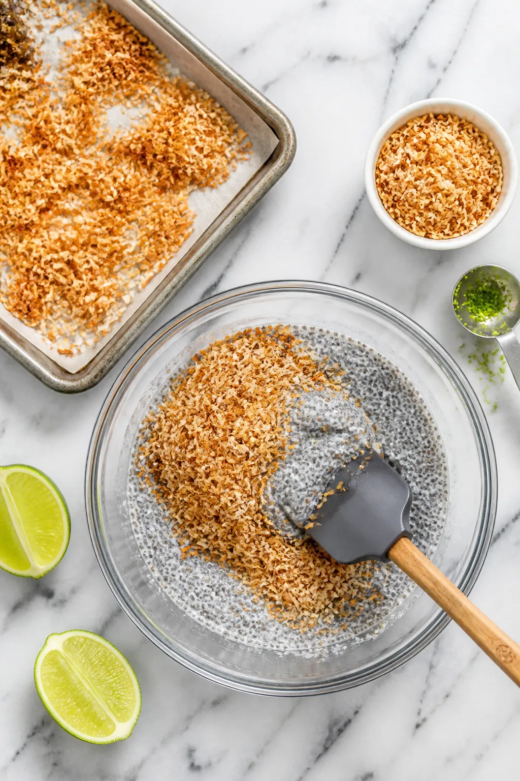 Cooking process: Overhead shot of freshly toasted shredded coconut being cooled and then folded into