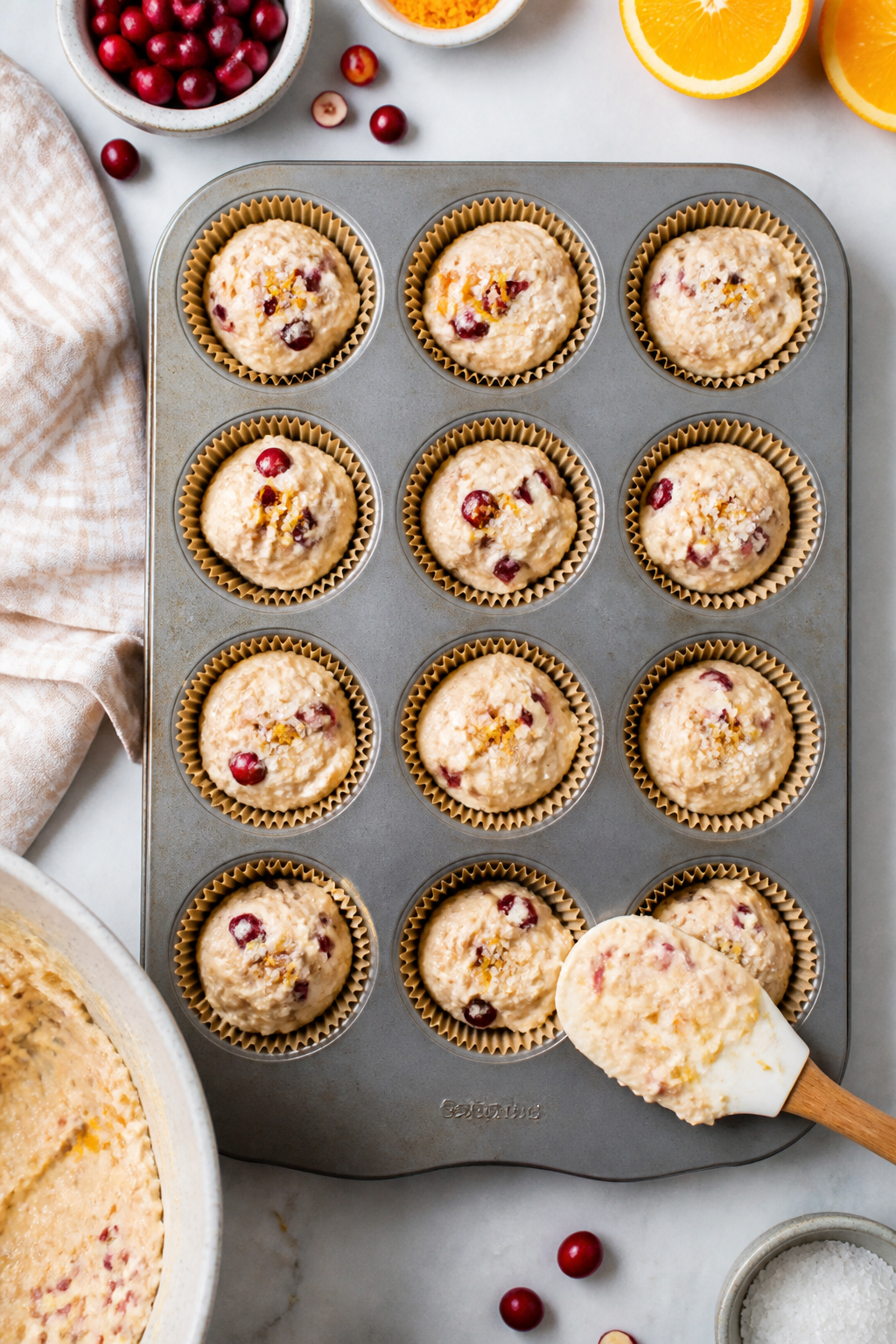 Cooking process: Overhead shot of muffin batter being portioned into a lined 12-cup muffin tin, thic