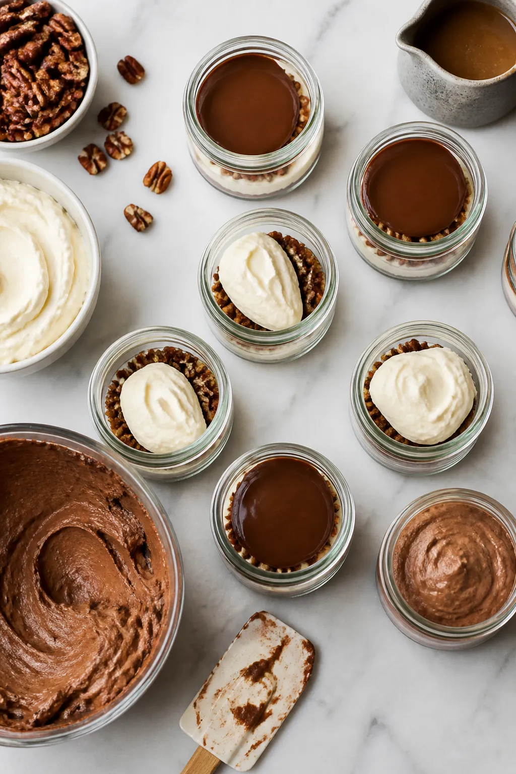 Cooking process: Overhead shot of multiple jars mid-assembly on a clean marble surface—bottom laye