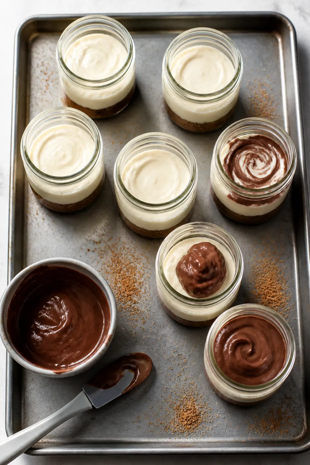 Cooking process: Overhead shot of multiple open glass jars during assembly on a cool-toned baking sh