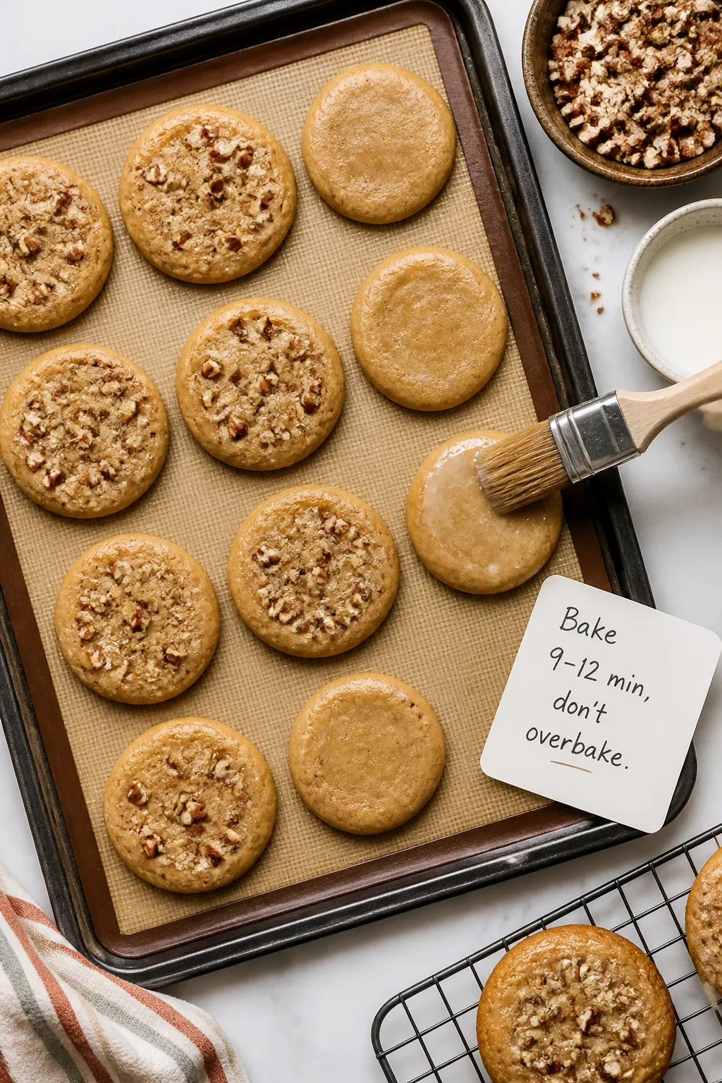 Cooking process: Overhead shot of portioned cookie dough mounds just flattened to 1/2-inch thick on