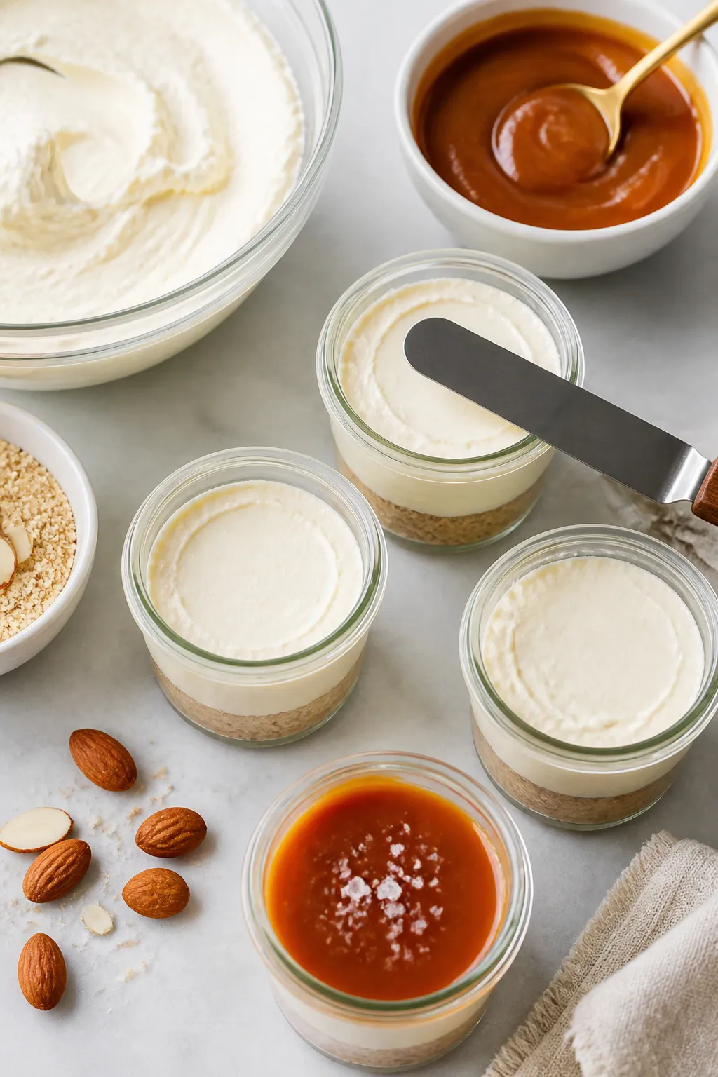 Cooking process: Overhead shot of several small glass jars being filled—an offset spatula smoothin