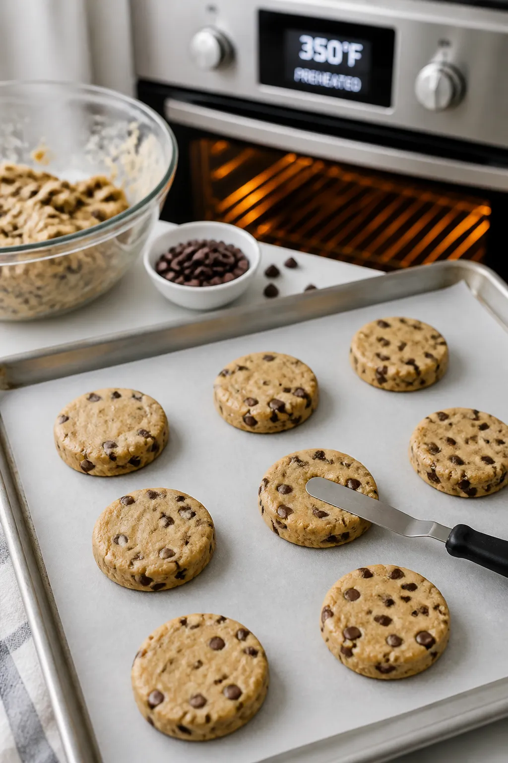Cooking process: Overhead shot of shaped cookie mounds being lightly flattened on a parchment-lined 