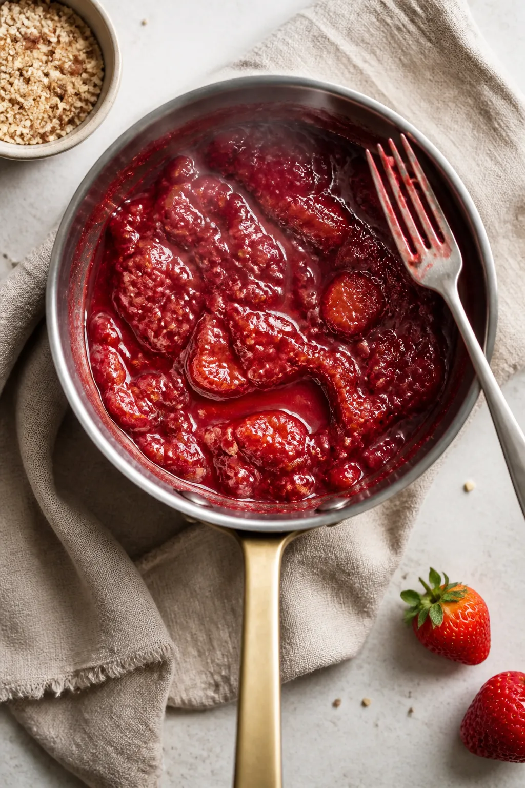 Cooking process: Overhead shot of strawberry compote cooling in a small saucepan, fully cooked with