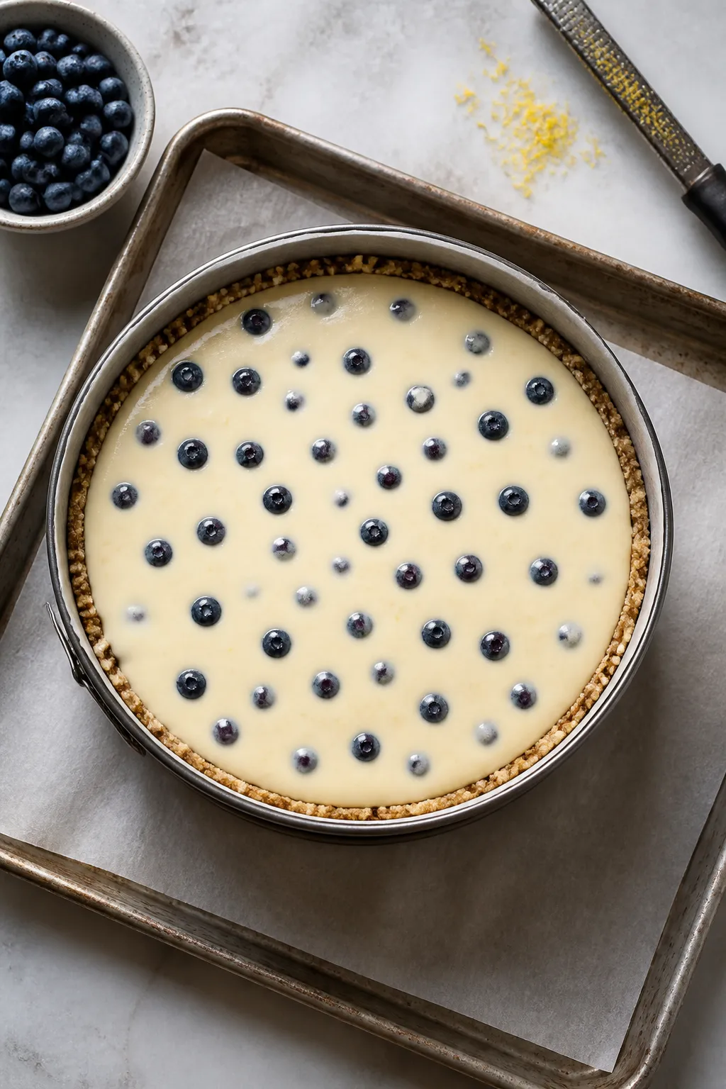 Cooking process: Overhead shot of the assembled cheesecake right before baking—smooth, pale lemon