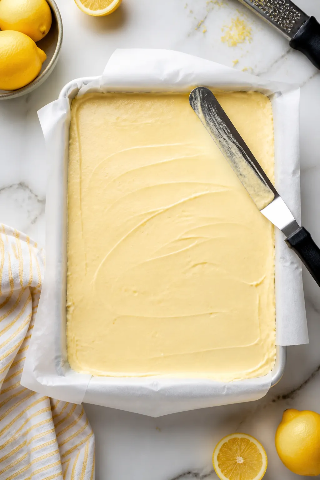 Cooking process: Overhead shot of the assembled pan just after smoothing the lemon cream over the ch
