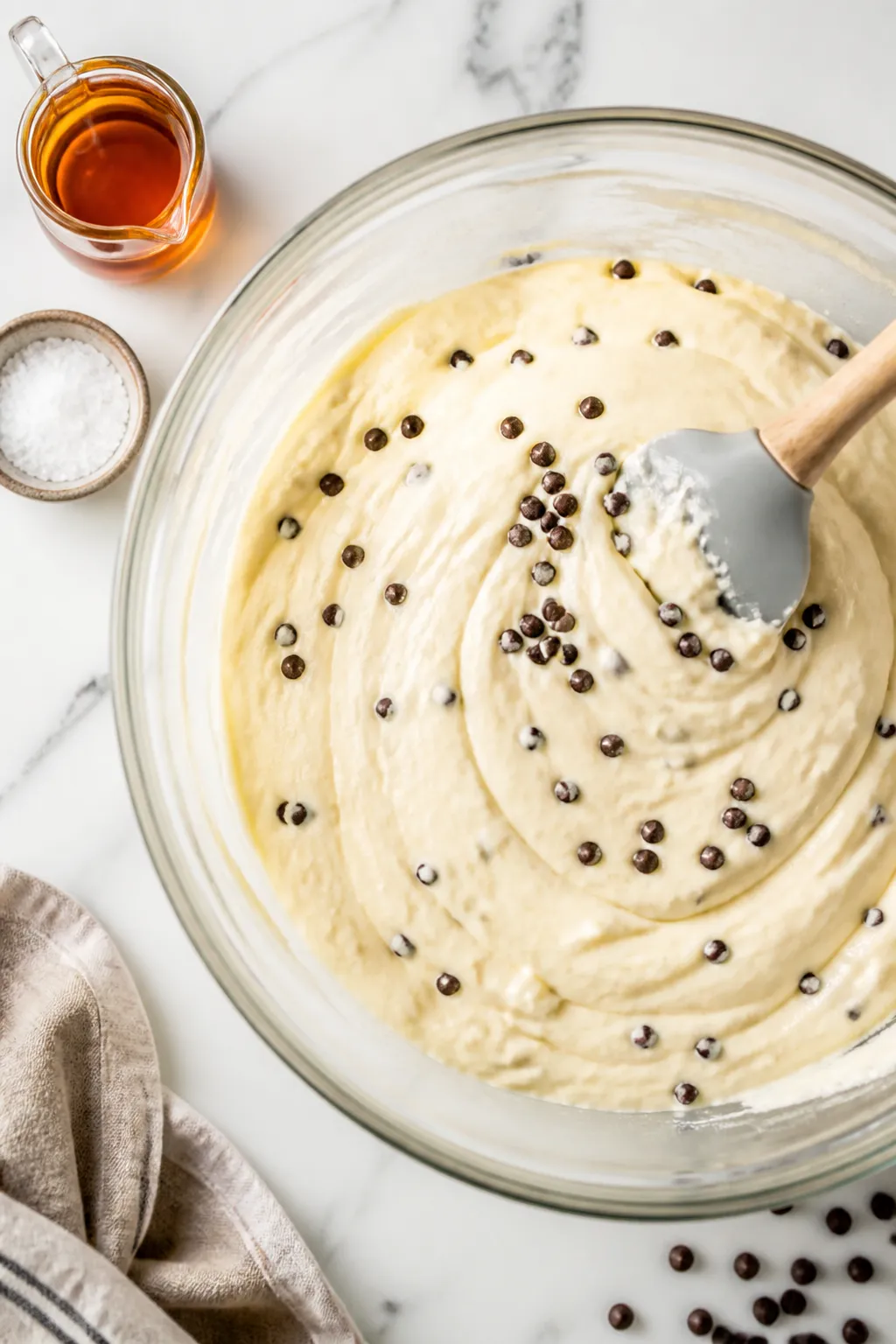 Cooking process: Overhead shot of the blended cheesecake pudding just transferred to a glass mixing 