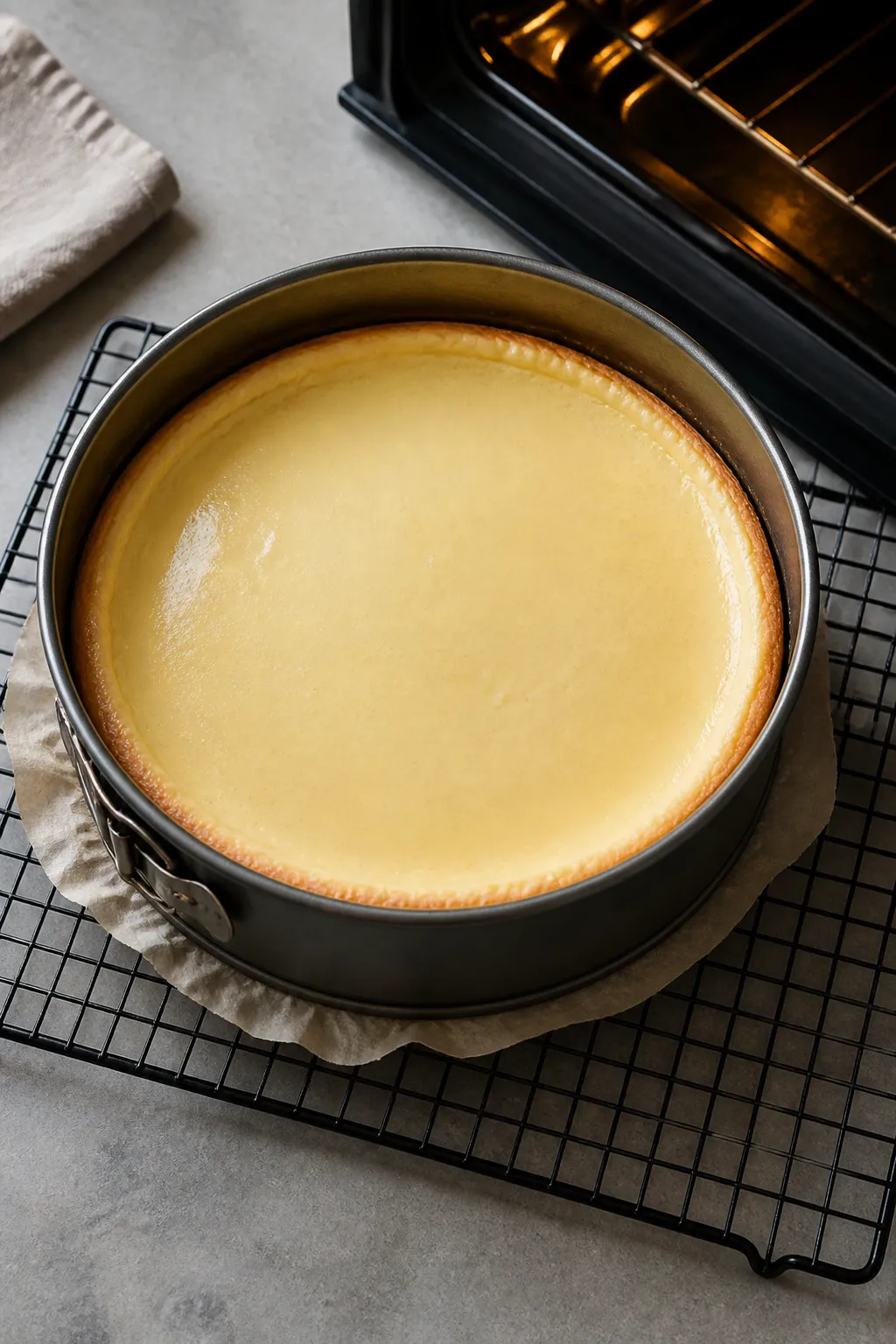 Cooking process: Overhead shot of the cheesecake just out of the oven in a 9-inch springform pan, ce