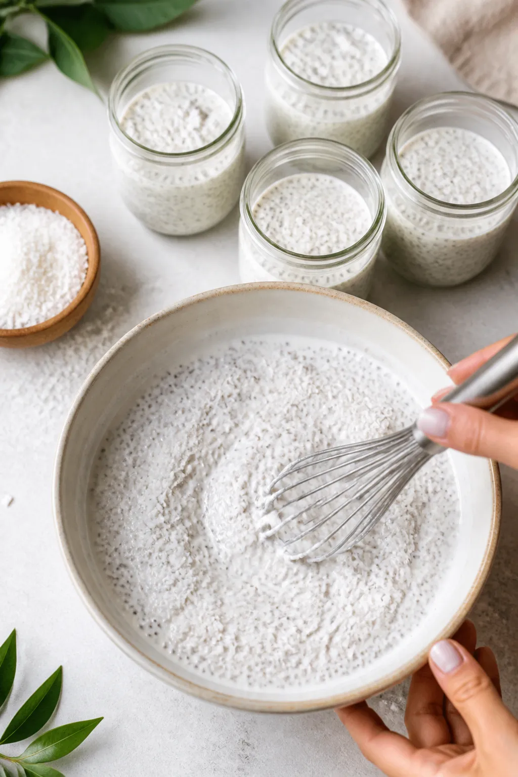 Cooking process: Overhead shot of the chia-set version being whisked after the 10-minute rest, showi