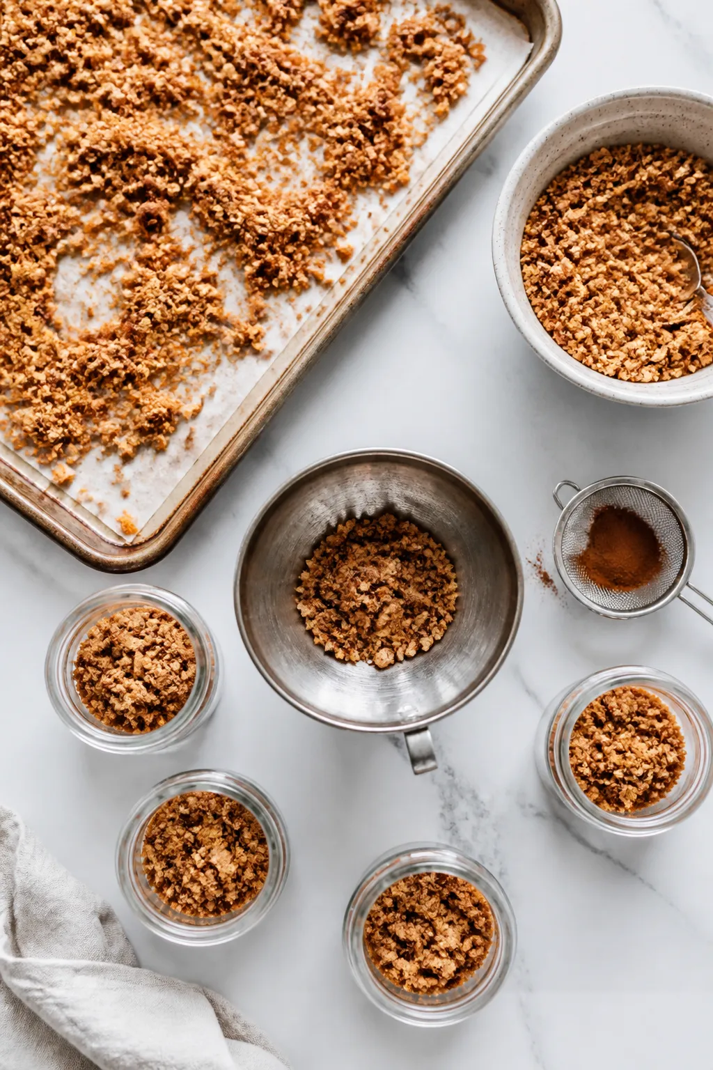 Cooking process: Overhead shot of the cinnamon “cookie” crumb just out of the oven on a parchmen