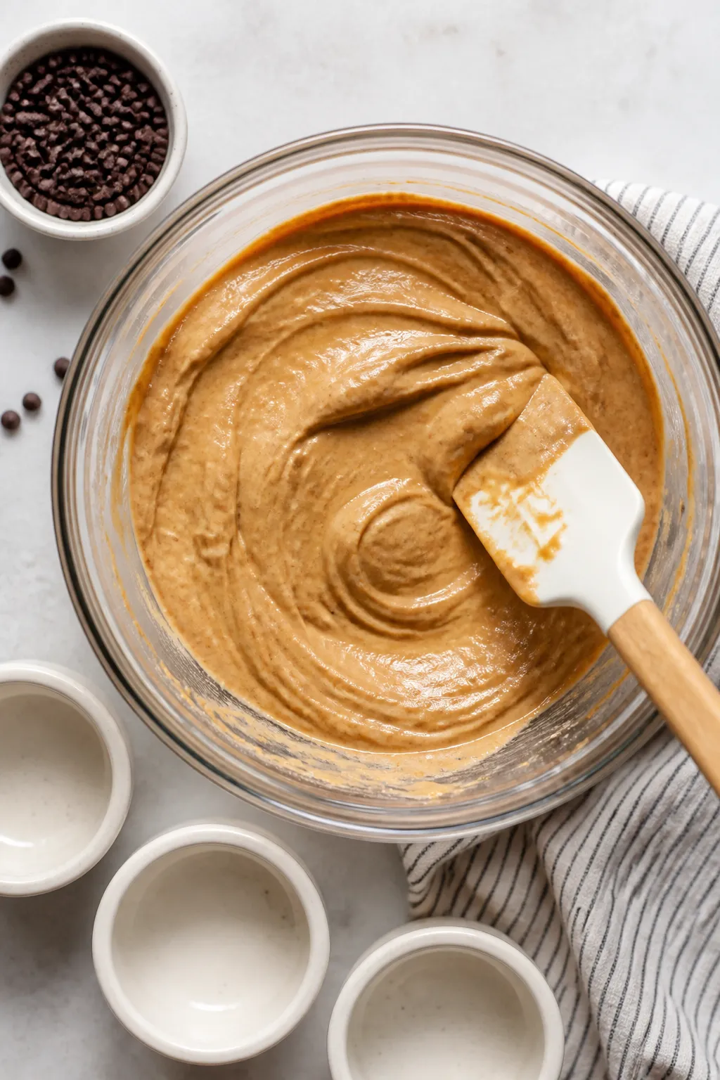 Cooking process: Overhead shot of the just-blended pudding in a glass mixing bowl, thickened with al