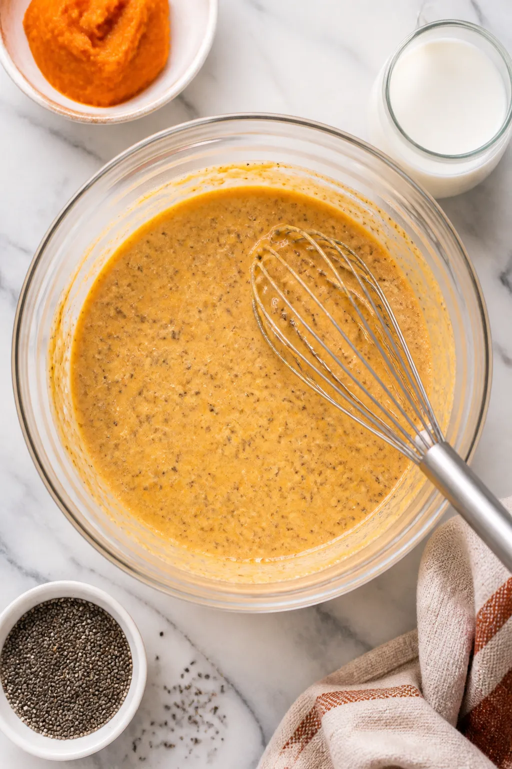 Cooking process: Overhead shot of the mixed wet base in a clear bowl right after the “rest and sti