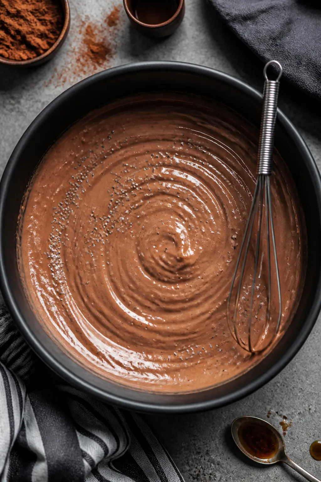Cooking process: Overhead shot of the mocha pudding mixture being whisked to a silky consistency in 