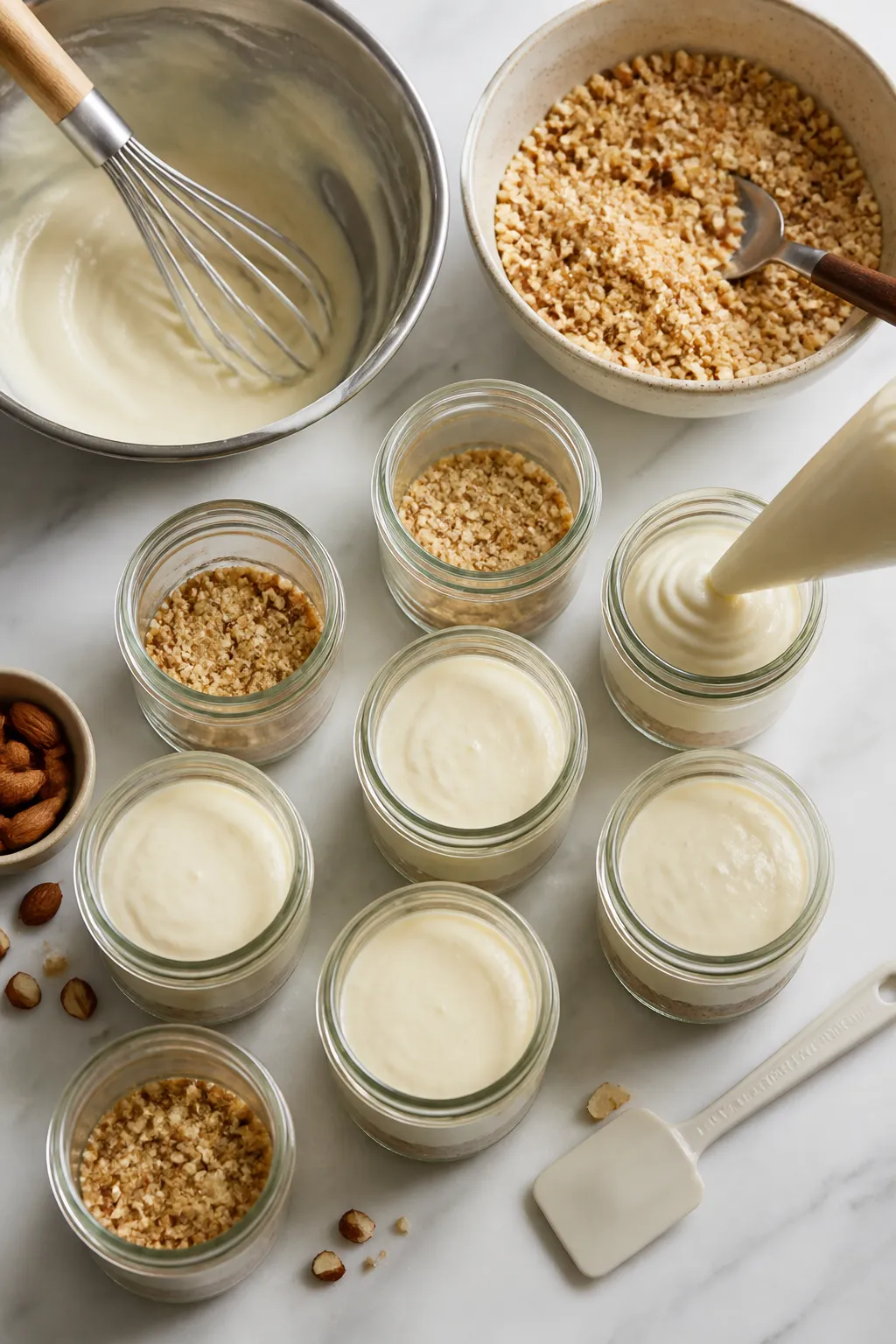 Cooking process: Overhead shot of the prepared nut “crust” layer being loosely pressed into the