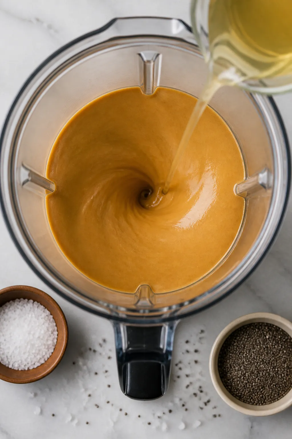 Cooking process: Overhead shot of the pudding base mid-prep in a high-speed blender jar—smooth, un