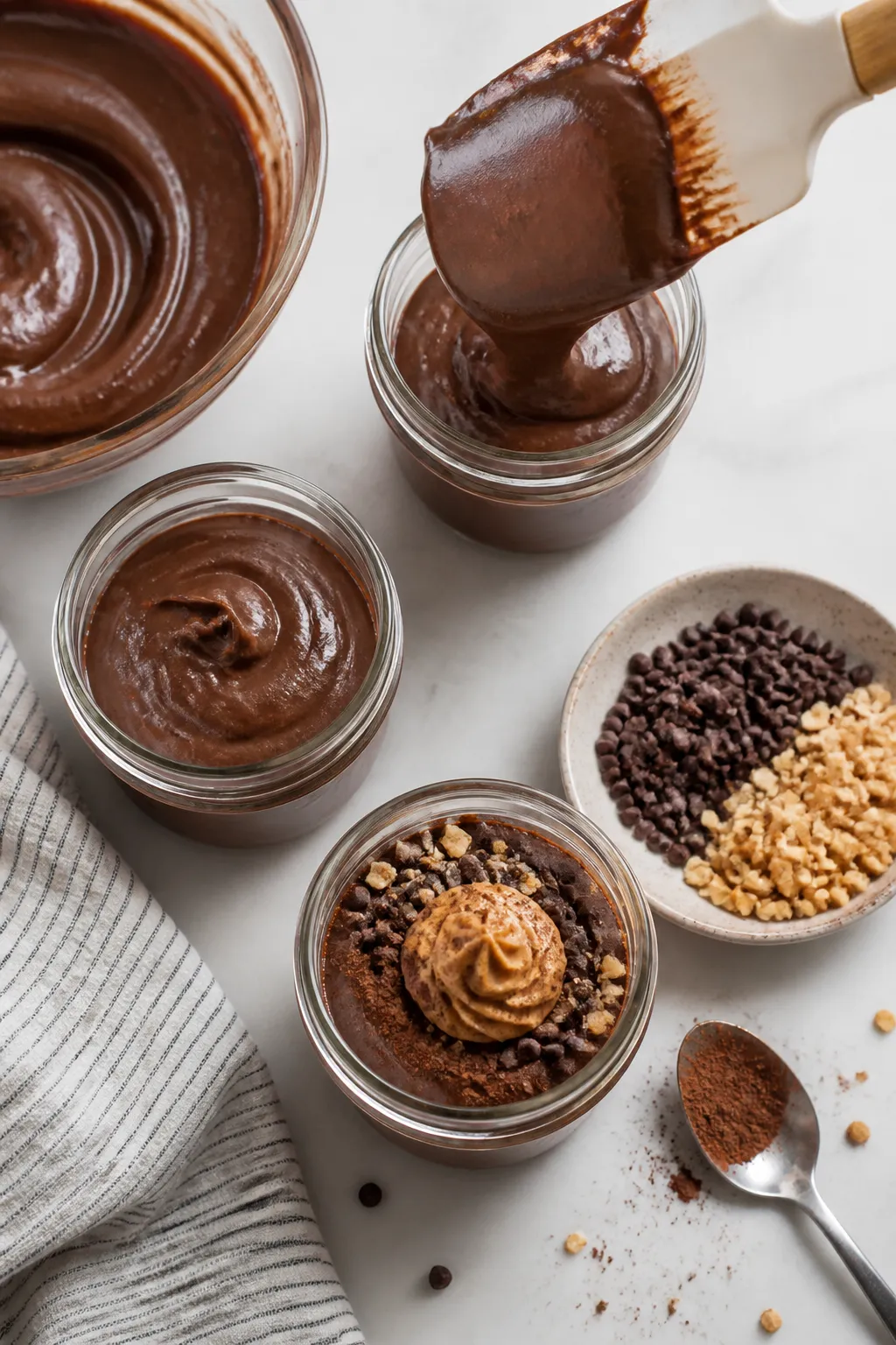 Cooking process: Overhead shot of the pudding being portioned into small glass jars after chilling, 